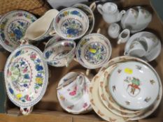 A TRAY OF CERAMICS TO INCLUDE MASON'S REGENCY, DOULTON BUNNYKINS, ETC