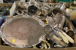 TWO TRAYS OF SILVER PLATED WARE AND FLATWARE TO INCLUDE TEAPOT, SALVER, WINE BOTTLE HOLDER ETC