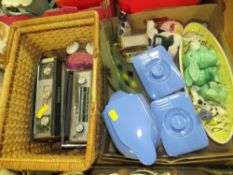 A TRAY OF RETRO STYLE COLLECTABLES ETC TOGETHER WITH A BASKET CONTAINING TWO VINTAGE RADIOS