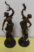 A PAIR OF MODERN FRENCH BRONZE EFFECT / SPELTER FIGURATIVE STATUES COMPRISING NYMPHE DES ROSEAUX AND