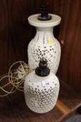 TWO RETICULATED LAMP BASES, ONE WITH ORIENTAL DETAIL