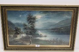 A FRAMED AND GLAZED WATERCOLOUR OF A MOONLIT MOUNTAINOUS LAKE SCENE SIGNED ALF M DRINKWATER 1907