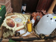 A TRAY OF CLOCKS AND LIGHT FITTINGS ETC TO INCLUDE A MODERN CUCKOO CLOCK AND AN ART DECO LIGHT