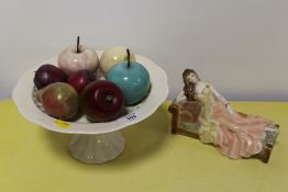 A CERAMIC COMPORT, MARBLE & CERAMIC PIECES OF FRUIT, TOGETHER WITH A ROYAL WORCESTER 'MEMORIES'