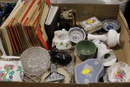 TWO TRAYS OF ASSORTED CERAMICS ETC TO INCLUDE WEDGWOOD, VINTAGE O/S MAPS, ETC