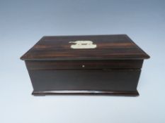 A COROMANDEL WOODEN LIDDED BOX, having bone inlay detail to lid depicting an elephant, dedication