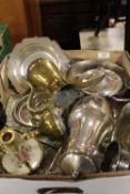 A TRAY OF SILVER PLATED WARE ETC TO INC A BRASS MIDDLE EASTERN STYLE COFFEE POT