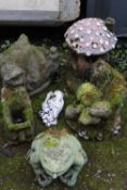 SIX ASSORTED GARDEN ORNAMENTS INCLUDING A TOAD STOOL HOUSE