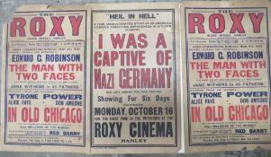 THREE ANTIQUE POSTERS FOR THE ROXY CINEMA IN HANLEY DATED 1939 (A/F)