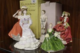 A COLLECTION OF FIVE FIGURES TO INCLUDE COALPORT FIGURINE 'FLORA', ETC