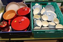 TWO TRAYS OF CERAMICS TO INCLUDE RED COOKWARE