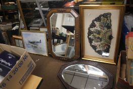 TWO FRAMED BEVEL EDGED MIRRORS TOGETHER WITH LADIES CONTINENTAL MOUNTED FAN