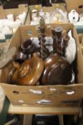 A BOX OF ASSORTED TREEN TO INCLIUDE A BARLEY TWIST LAMP