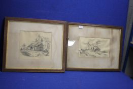 TWO FRAMED PENCIL DRAWINGS SIGNED 