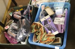 TWO TRAYS OF SLIPPERS TIGHTS BAGS ETC