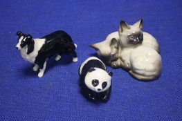A BESWICK PANDA, A BESWICK BORDER COLLIE AND BESWICK SIAMESE CATS
