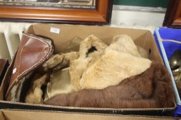 TWO VINTAGE FUR COATS AND A HIDE STOOL