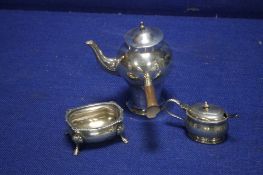 A HALLMARKED SILVER COFFEE POT WITH WOODEN HANDLE A/F TOGETHER WITH A MUSTARD POT ETC