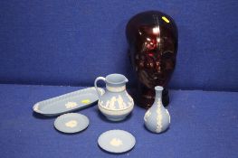 A SMALL COLLECTION OF WEDGWOOD JASPERWARE TOGETHER WITH A GLASS HEAD