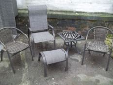 SIX ITEMS TO INCLUDE 3 GARDEN CHAIRS, A TABLE, STOOL AND SOLAR LIGHTS