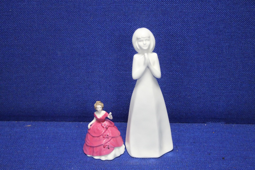 A ROYAL DOULTON FIGURINE ""GOD BLESS YOU"" TOGETHER WITH A MINIATURE COALPORT FIGURINE