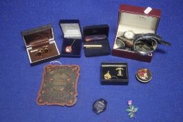 A BOX OF COLLECTABLES TO INCLUDE A 28 YEAR CALENDAR. WATCHES, CUFFLINKS ETC