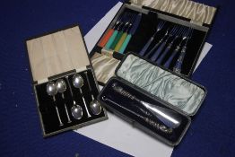 A SELECTION OF CASED FLATWARE TO INCLUDE HALLMARKED SILVER AND WHITE METAL EXAMPLES