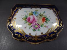 gr. Deckeldose "Limoges" Kobalt mit Gold, Blumenmalerei, H-9 cm, 17x12 cm