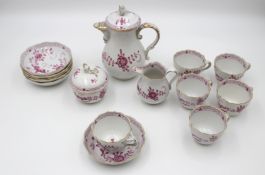 Mokka-Service, Meissen Schwertermarke, indisch Purpur, je 2 Schleifstriche, kompl. für 6 Personen, 