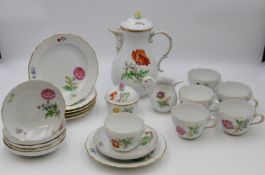 21tlg. Kaffeeservice, Meissen, Blumenbemalung, 1. Wahl, Kanne ca. H-24cm. Tassen H-6,5cm.