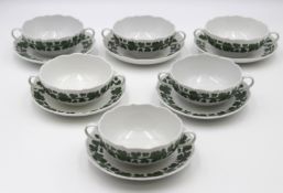 6x Suppentassen mit U.T., Meissen Schwertermarke, Weinlaub, je 2 Schleifstriche, Tassen H-5,5cm.