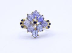 Silber Ring mit 8 Tansanit Cabochons, Sterling Silber 0.925, 4,9g., RG 54