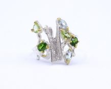 Edelstein Silber Ring 0.925 mit Peridots,Topas und Chromdiopside, 3,5g., RG 57