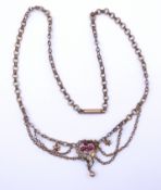 Altes Collier mit Saatperlchen und Farbsteinen, goldfarben, L. 40cm, eine Perle fehlt