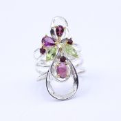 Edelstein Ring mit Peridots,Amethyste und Rhodolithe,Sterling Silber 0.925, 6,6g., RG 56, Kopf 3,2x