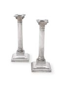 A PAIR OF LATE VICTORIAN SILVER CORINTHIAN COLUMN CANDLESTICKS, HAWKSWORTH