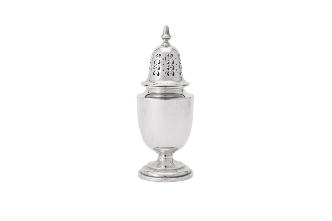 AN EDWARDIAN SILVER OVOID PEDESTAL SUGAR CASTER, MAPPIN & WEBB