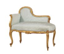 A French giltwood and watered silk upholstered window seat in Louis XV style