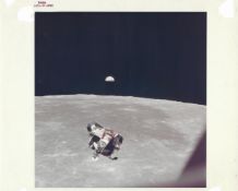 Lunar Module 'station-keeping' with Earthrise above it, Apollo 11, 16-24 Jul 1969