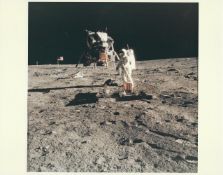 A view of Buzz Aldrin working at the seismometer, Apollo 11, 16-24 Jul 1969