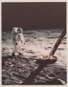Buzz Aldrin walking by the golden footpad of the Lunar Module, Apollo 11, 16-24 Jul 1969