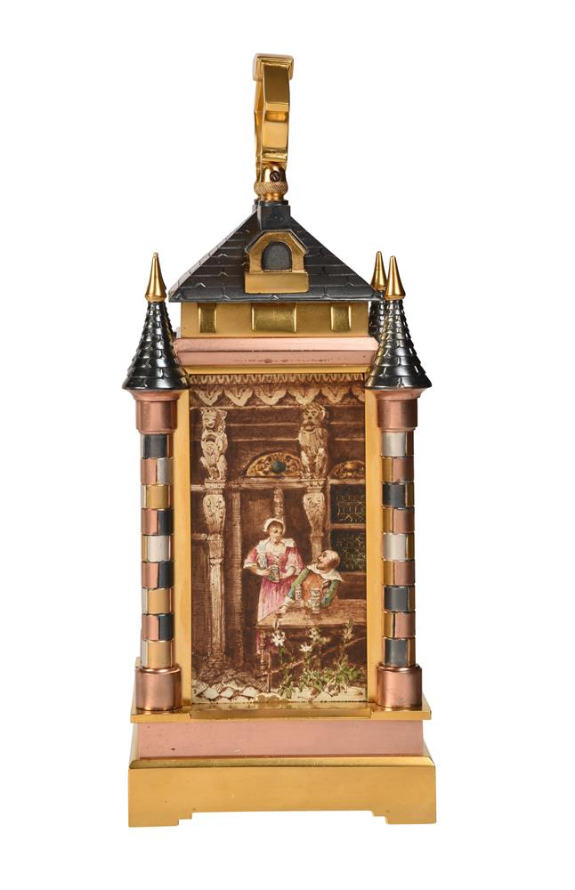 A FINE AND RARE FRENCH MULTI-COLOURED 'CASTLE' CARRIAGE CLOCK WITH PAINTED PORCELAIN PANELS - Image 3 of 5