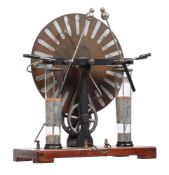 A PINE, NICKEL FINISH BRASS AND BAKELITE WIMSHURST ELECTROSTATIC GENERATING MACHINE