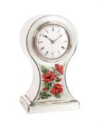 AN EDWARDIAN ENAMELLED SILVER BALLOON-SHAPED MINIATURE MANTEL TIMEPIECE