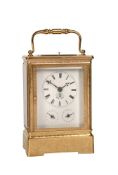 A FINE SWISS ENGRAVED GILT BRASS PETIT-SONNERIE REPEATING GIANT CALENDAR ALARM CARRIAGE CLOCK