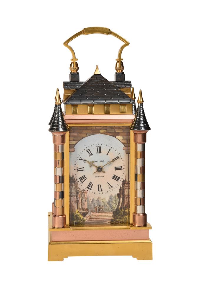A FINE AND RARE FRENCH MULTI-COLOURED 'CASTLE' CARRIAGE CLOCK WITH PAINTED PORCELAIN PANELS - Image 2 of 5