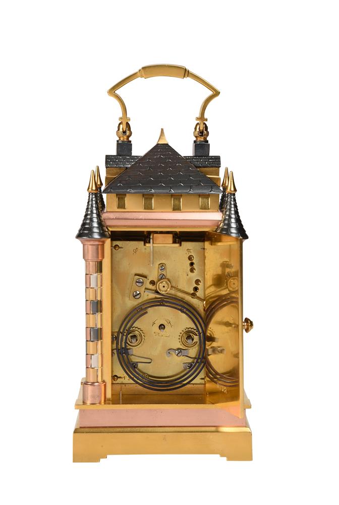 A FINE AND RARE FRENCH MULTI-COLOURED 'CASTLE' CARRIAGE CLOCK WITH PAINTED PORCELAIN PANELS - Image 5 of 5