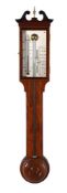 AN UNUSUAL GEORGE III STYLE CHEVRON-STRUNG MAHOGANY ANEROID FLUID TUBE DWARF STICK BAROMETER