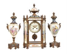 A FINE FRENCH CHAMPLEVE ENAMELLED AND PAINTED PORCELAIN FOUR-GLASS MANTEL CLOCK GARNITURE