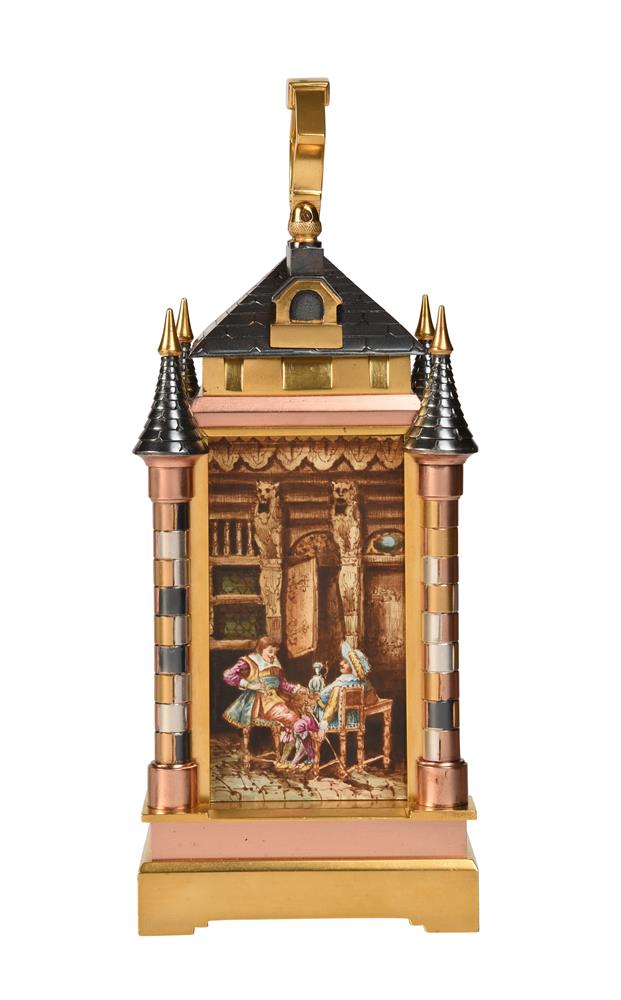 A FINE AND RARE FRENCH MULTI-COLOURED 'CASTLE' CARRIAGE CLOCK WITH PAINTED PORCELAIN PANELS - Image 4 of 5